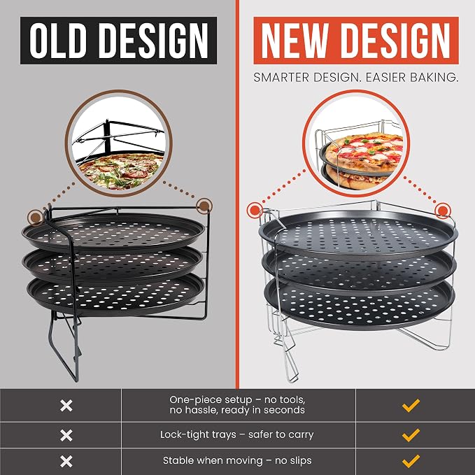 Chef Pomodoro Pizza Rack and Pan Baking Set, 13 Inch Foldable Cooling Stand | Space-Saving Foldable Design, Stainless Steel Cooling Rack for Oven & Grill, Non-Stick Perforated Serving Trays