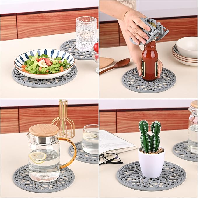 Silicone Trivets for Hot Dishes, Pots & Pans, Hot Pads for Kitchen, Non-Stick Silicone Pot Holders Trivet Mat for Counter, Carved Heat Resistant Mat Countertops &Table Grey Set 3