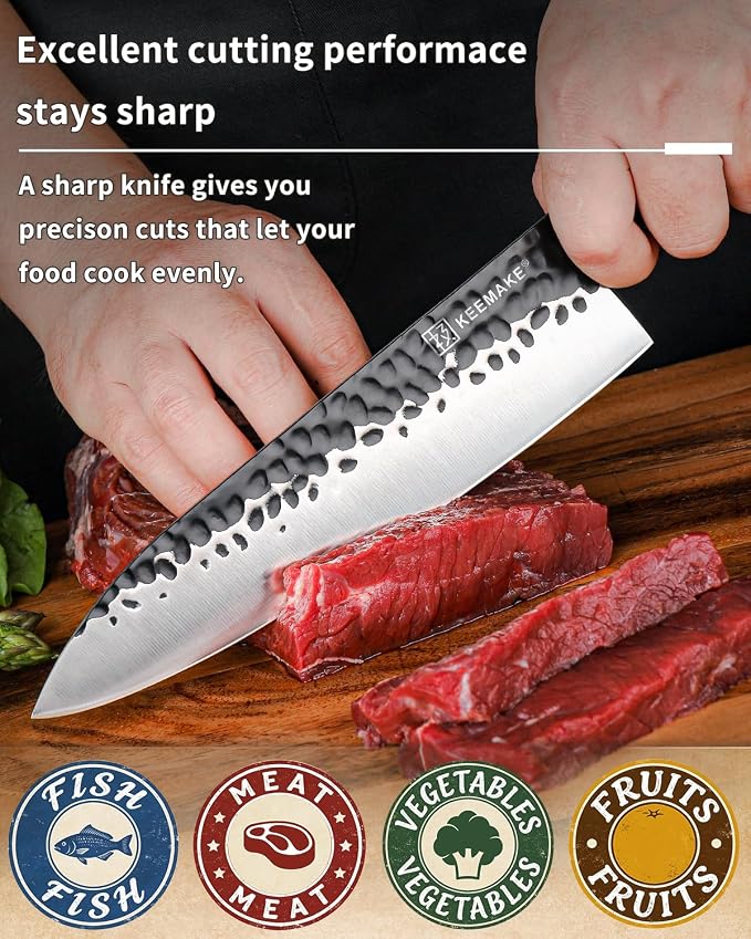 KEEMAKE 8 Inch Chef Knife, Japanese Hand Forged High Carbon Steel Kitchen Knives with Ergonomic Rosewood Handle, Ultra Sharp Durable Professional Gyuto Knife for Meat & Veggie Slicing