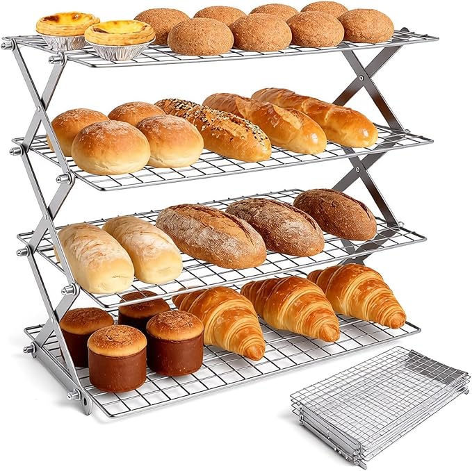 4 Tier Collapsible Cooling Rack, 2/3/4-Tier Upgraded,Adjustable ＆ Stackable Baking Rack, 5 Modes Cooling Racks for Cooking and Baking, Roasting ＆ Grilling Gifts for Picnic Party