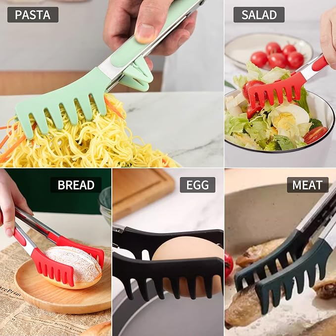 Professional Stainless Steel Pasta Tongs with Non-Slip Silicone Teeth - Heat Resistant 600°F, Dishwasher Safe Spaghetti Server Utensil for Cooking, Baking, Salad...(black)