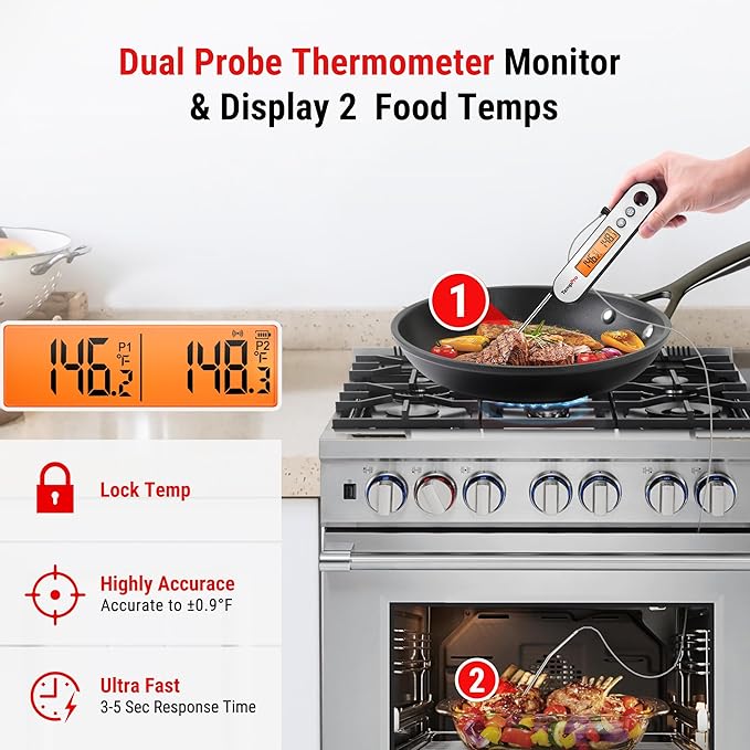 TempPro TP610 Rechargeable Instant Read Meat Thermometer with Foldable Probe & Wired Leave-In Probe, Waterproof Cooking Thermometer with Alarm & Backlit for BBQ Grill Smoker Oven(Previously ThermoPro)