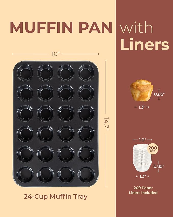 CARTMAN 24-Cup Mini Muffin Pan, Nonstick Carbon Steel Mini Cupcake Tin | Includes 200 paper liners, 24-cup nonstick carbon steel, oven safe 450°F, ideal for egg bites, mini cupcakes & brownies