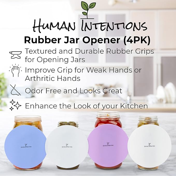 Human Intentions Jar Opener (4PK) - Rubber Jar Gripper for Weak Hands - Bottle Opener for Arthritic Hands - Jar/Lid Opener Gripper Pad - Non Tear - Coaster - Trivet