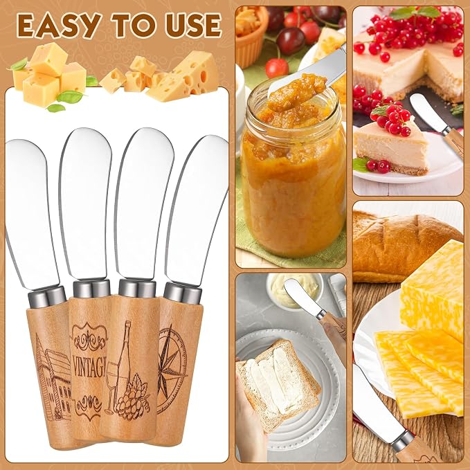 Sieral 10 Pcs Vintage Wine Cheese and Butter Spreader Knives Butter Spreader Knives Multipurpose Rustic Decor with Hand Painted Wooden Handle Stainless Steel Blade