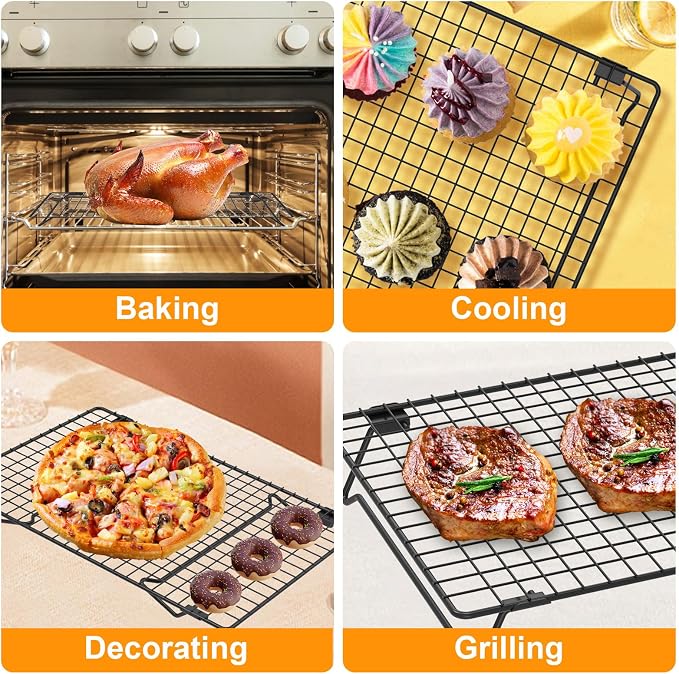 13.4" × 9.4" Stackable Cupcakes Cooling Racks – 2-Pack Nonstick Carbon Steel Baking Racks with Collapsible Legs, Cooking Rack Perfect for Cooking, Roasting, Grilling, Drying & Cooling Cookies