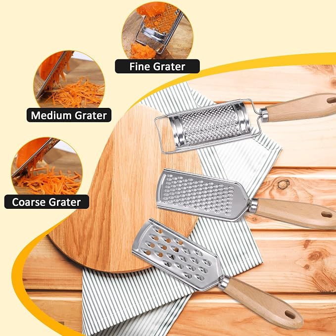 Handheld Cheese Graters with Cleaning Brush Stainless Steel Vegetable Grater with Wood Handle Multifunctional Kitchen Food Shredder for Chocolate Butter Nuts Ginger (Wooden Handle) By beardo decor