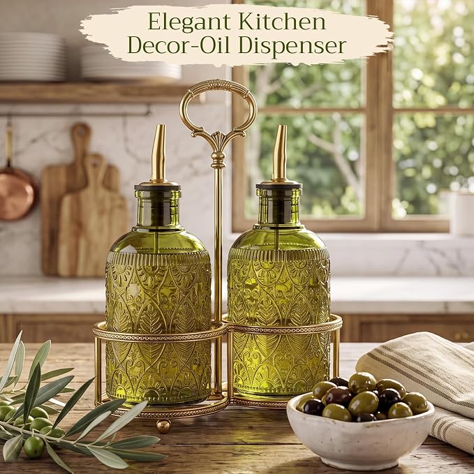 FoldTier 2 Glass Oil Bottles 8.5oz Olive Oil Dispenser Bottle with Metal Spout and Lid Elegant Glass Cooking Dispenser for Kitchen Maple Honey Syrup Vinegar and Sauces (Dark Green)