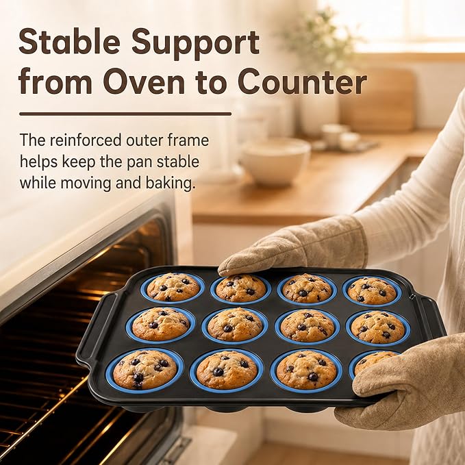 2 Pack Silicone Muffin Pans for Baking, 12-Cup Muffin Tin with Metal Frame | 2 Pack value, 12-Cup muffin pans, Reinforced metal frame, Easy release cups, Nonstick silicone, Oven & dishwasher safe
