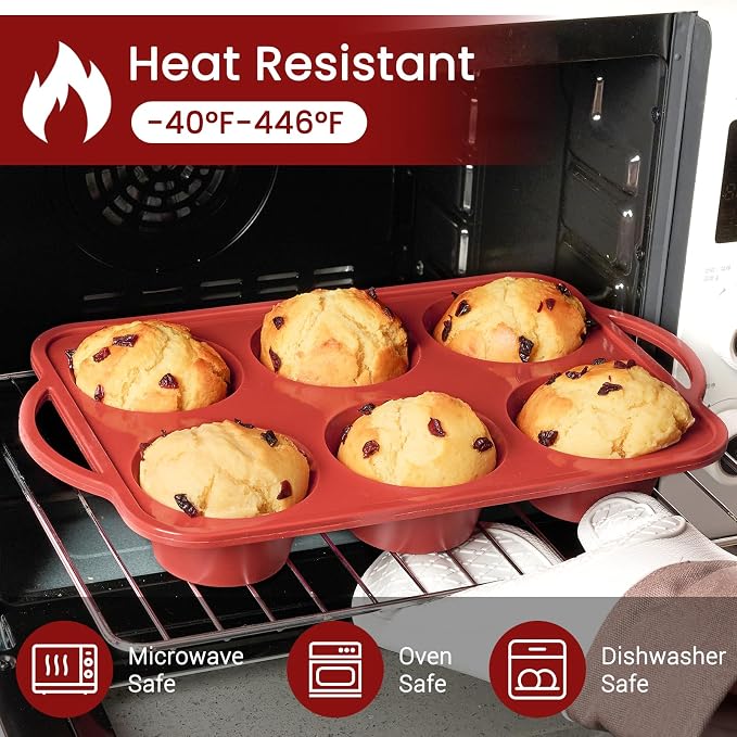JOERSH Jumbo Muffin Pan with Metal Frame, 6 Cup Large Cupcake Mold with Handles, Non-Stick Silicone Baking Tray for Jumbo Muffin, Cupcake, Egg Bite