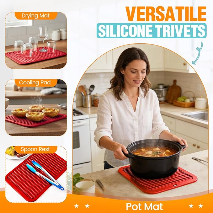 Silicone Trivets for Hot Pots and Pans - 2 Heat Resistant Pot Holders Silicone Trivet Mat Multipurpose Counter Pads (Red)