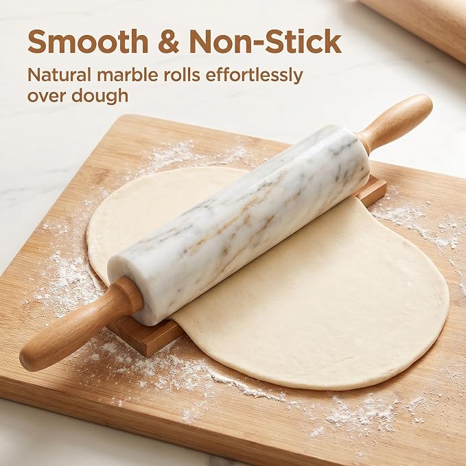 White Marble Rolling Pin for Baking 10inch Barrel，Dough Roller | With Wooden Handles & Wood Cradle, Non-Stick Dough Roller for Pizza, Pasta, Fondant, Pie Crust, Pastry & Cookies