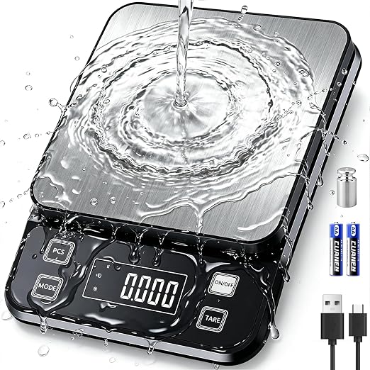 IPX7 Waterproof Food Scale 0.1g Precision Kitchen Scale, 10kg/22lb Digital Food Scale USB Rechargeable, Backlight Gram Scale Stainless Steel & Washable Digital Scale for Cooking, Baking,Weight Loss