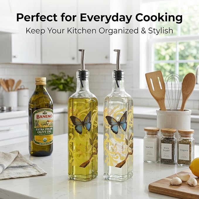 Topadorn Set of 2 Butterfly Olive Oil Dispenser Bottles, 17oz Decorative Glass Oil & Vinegar Cruet Set with Pour Spouts, Refillable Kitchen Countertop Dispensers