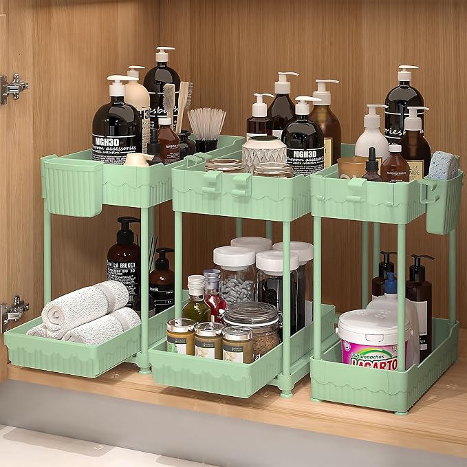 3-Pack 2-Tier Under Sink Organizers with Sliding Drawers | Multi-use kitchen & bathroom storage, 12.8 inch green cabinet organizer, space-saving sliding drawer design.