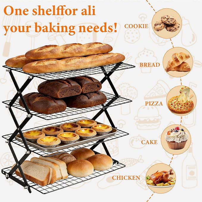 4 Tier Collapsible Cooling Rack，3 Setting Design, Adjustable ＆ Stackable Baking Rack, for Baking, Cookies, Bread, Gifts for Baking Must Haves