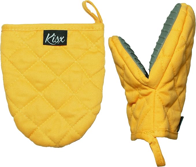 Oven Mitts Heat Resistant - Yellow Mini Silicone Gloves & Pot Holders Set for Kitchen