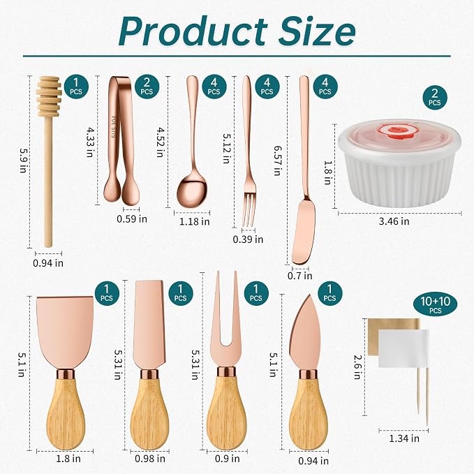 Charcuterie Boards Accessories Bowls with Lids, Cheese Butter Spreader Knife Set Mini Serving Tongs, Forks, Spoons,Dipping Bowls, Toothpick Flags, Honey Dippers For Party Platter Making (Rose Gold)