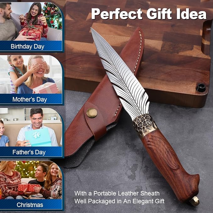 ROCOCO Feather Viking Knife Japanese Forged in Fire Boning Knife Fancy Kitchen Cleaver with Sheath Outdoor Camping BBQ Collection Birthday Thanksgiving Christmas Father Mother Gift 7"