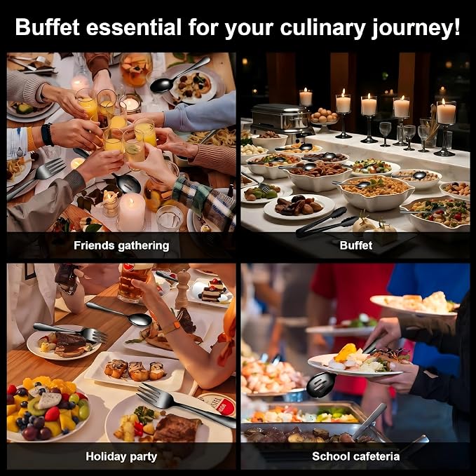 14PCS Serving Utensils - Hostess Serving Utensils Set, Premium Stainless Steel 8.7 inch Serving Utensils, Slotted Spoons, Forks, Tongs, Cake Pie Server for Buffet, Wedding, Dinner (Black)