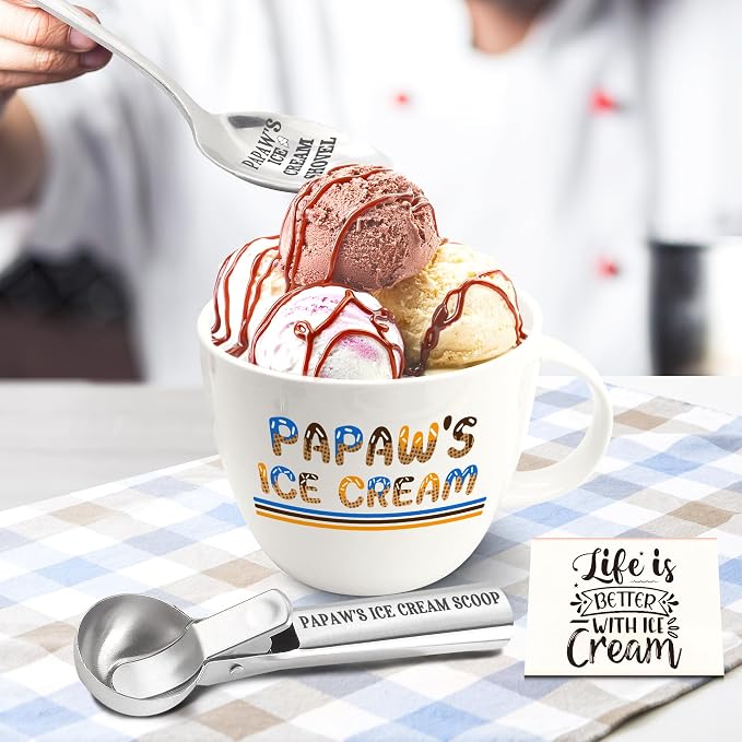Papaw Gifts, Paw Paw's Gift Ice Cream Bowl Scoop Shovel Spoon Set, Papaw Ice Cream Gift from Grandkids Grandchildren, Ideal Xmas Birthday Father's Day Grandpa Present