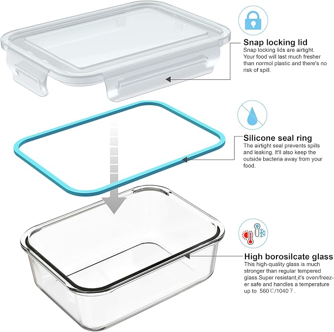 AILTEC Glass Food Storage Containers with Lids 9 Pack, 3 Shape Airtight Set | Ideal for Meal Prep, Lunch, Leak Proof, Borosilicate Glass Reusable, Microwave, Oven, Freezer Dishwasher Safe, BPA Free