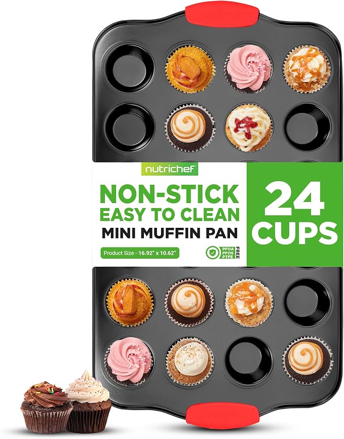 NutriChef 24-Cup Nonstick Mini Muffin Pan with Red Silicone Handles - Carbon Steel Bakeware Tray for Savory & Sweet Treats - Dishwasher Safe, Black