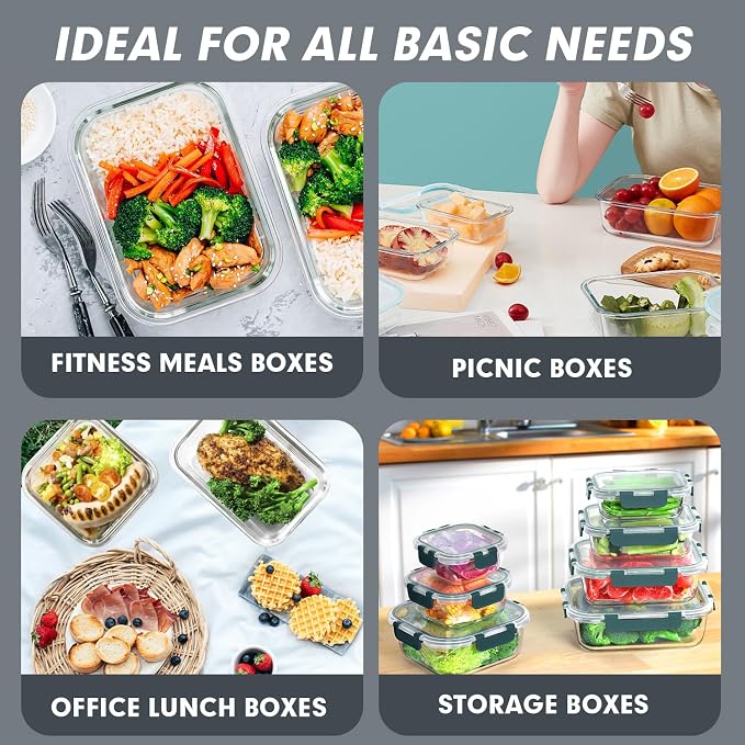 VERONES 30 Pieces Glass Food Storage Containers Set with Lids, Grey | Stackable Glass Meal Prep Containers Set with Lids, Airtight Lunch Containers, for Microwave, Oven, Freezer & Dishwasher