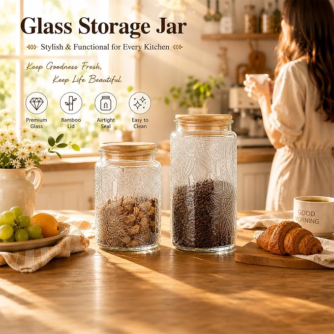Glass Storage Jars with Airtight Bamboo Lid, 35 FL oz - Decorative Food Canisters for Kitchen Counter, Ideal for Sugar, Coffee, Tea, Candy, Cookies (35oz Large Sunflower)