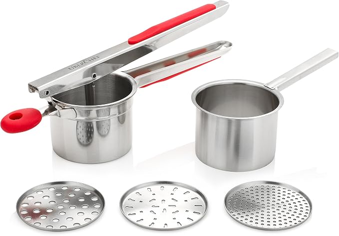 Potato Ricer Set with 3 Ricing Discs (Fine, Medium, Coarse) - Premium Stainless Steel Baby Food Strainer, Fruit Masher, and Food Press with Ergonomic Comfort Grip