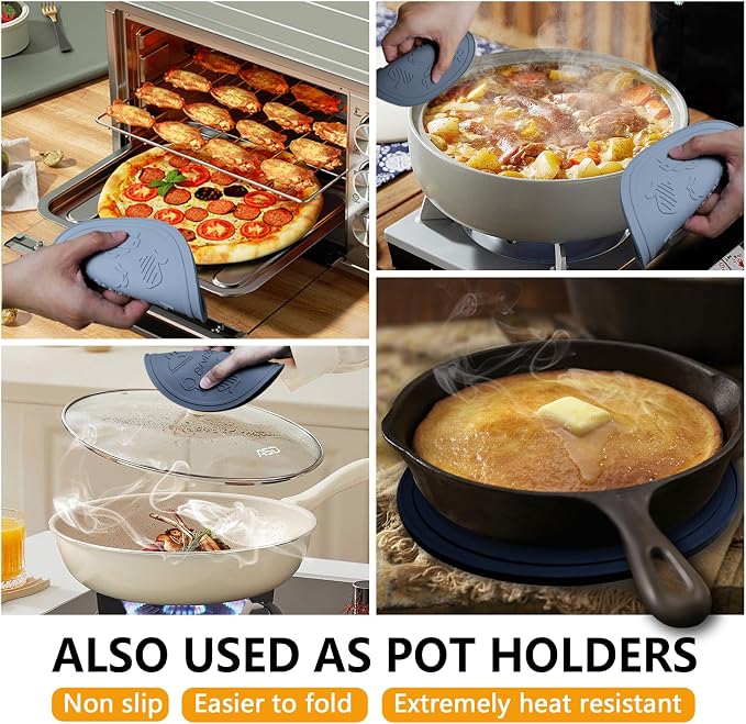 Silicone Trivet Mats - 3 Heat Resistant Pot Holders, Non-Slip Hot Pads for Kitchen, Food Grade Silicone, BPA Free, Easy to Wash (Black Gray)