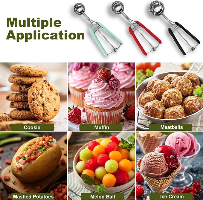 Premium Cookie Scoop, Stainless Steel Cookie Scoops for Baking, Ice Cream Scoop with Trigger, Ice Cream Scooper With Non-slip Grip, Cookie Dough Scoop for Melon Baller, Muffin Scoop, Meatball Scoop