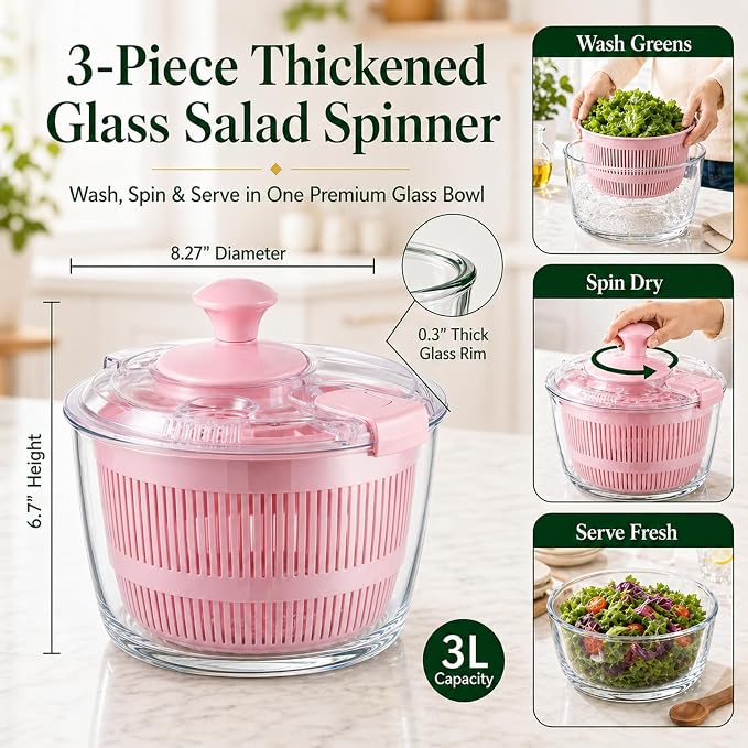 Glass Salad Spinner 3.2 Qt, Small Salad Spinner with Glass Bowl Removable Lid for Easy Cleaning Dishwasher Safe Glass Bowl Vegetable and Fruit Washer Dryer with Drain Spout Crank Handle Pink