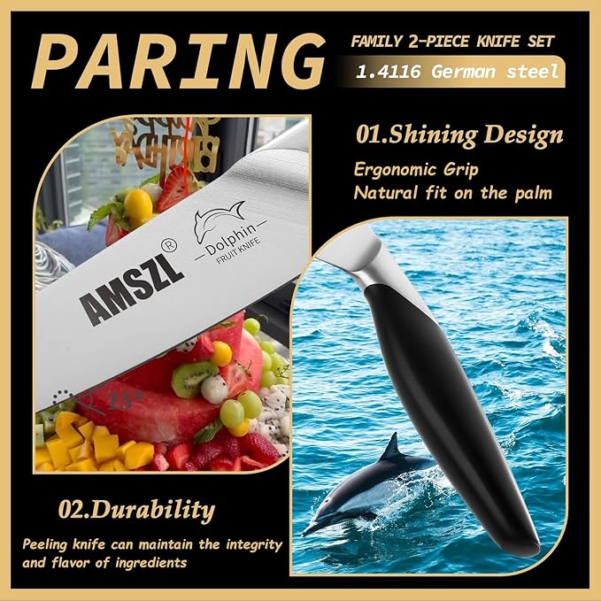 2-Piece Sharp Paring Knife Set German Steel Fruit Vegetable Peeling | German 1.4116 Steel, 15° Edge, Full Tang, Rust Resistant, Dishwasher Safe, Ergonomic ABS Handle, 3.5 & 5 Inch