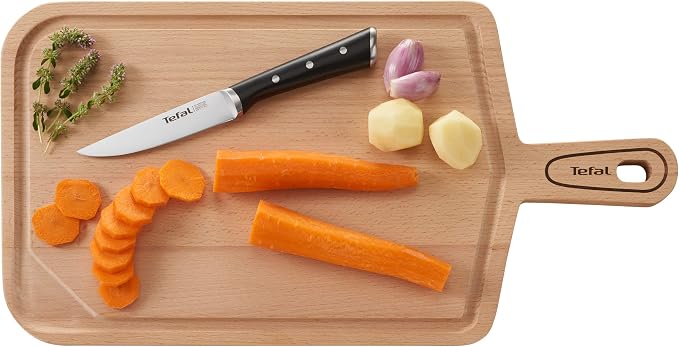 Tefal Wooden Knife Block 5pc Set- Ice Force Knives, German Stainless Steel & Premium Design - Bread 20 cm | Chef 20 cm | Santoku 18 cm | Utility 11 cm | Paring 9 cm - K232S574