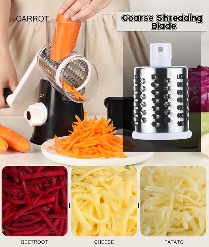 Ourokhome Salad Spinner Lettuce Spinner, One-handed Easy Press Large Salad Dryer Mixer and Rotary Cheese Grater Shredder - 3 Drum Blades Manual Speed Round Food Slicer Nut Grinder