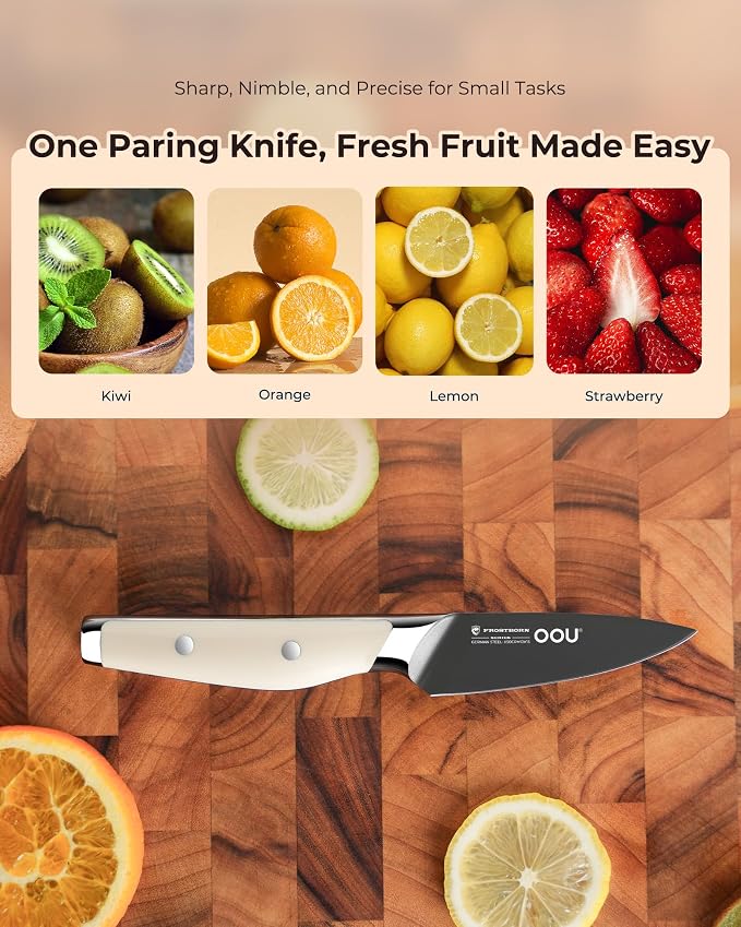 OOU 3.5'' Paring Knife, German 1.4116 Stainless Steel Kitchen Knife, Gunmetal Blade with AgShield & TinSharp Finish, Balanced ABS Handle, Sharp Utility Knife for Peeling, Trimming, Fruits