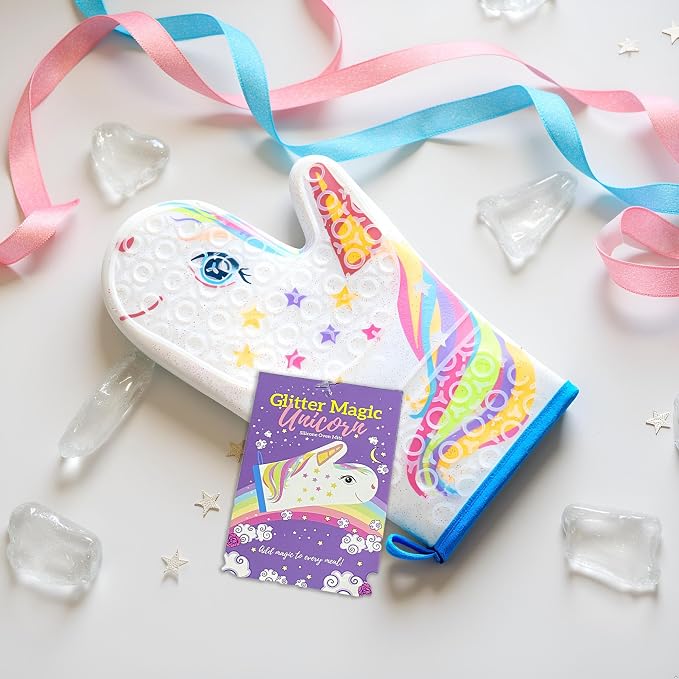 Glitter Magic Unicorn Silicone Oven Mitt - Funny Oven Mitts - Heat Resistant Kitchen Glove, Soft Silicone, Quilted Fabric Lining