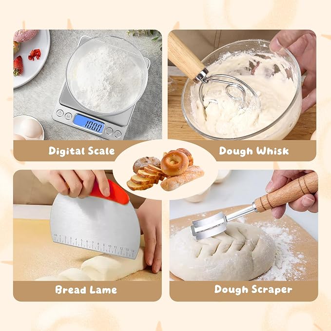 Banneton Bread Proofing Basket Set, Sourdough Starter Kit with Starter Jar, Digital Scale, Whisk, Dough Scraper, Bread Lame, Bread Making Tools Kit for Baking, Fermentation