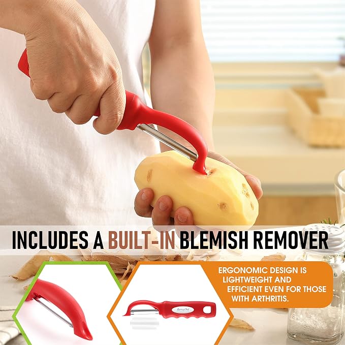 Spring Chef Professional Red Swivel Vegetable Peeler for Kitchen, Stainless Steel Potato Peelers with Soft Grip Handle, Perfect for Peeling Apple, Veggie, Fruit, Carrot, Dishwasher Safe - Set of 2