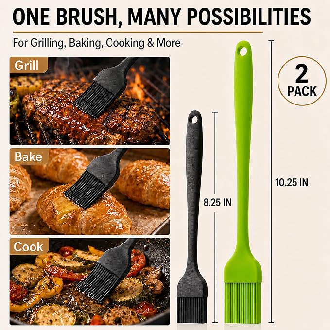 Silicone Basting Pastry Brush for Baking Bbq Spread Oil Butter | 2 Pack Cooking Kitchen Brushes, Heat Resistant BPA free, Dishwasher Safe