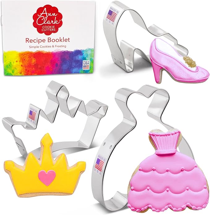 Ann Clark Princess Cookie Cutters 3-Pc Set Made in USA, Crown, Dress, Glass Slipper