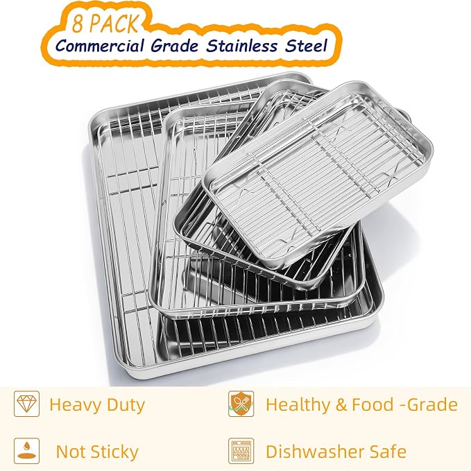 Baking Sheet Pan Set of 8, CEKEE Stainless Steel Cookie Sheets for Baking with Cooling Rack, Small/Quarter/Jelly Roll Pans, 9/10/12/16 Inch, 0.8mm Thick Heavy Duty & Non Toxic & Easy Clean