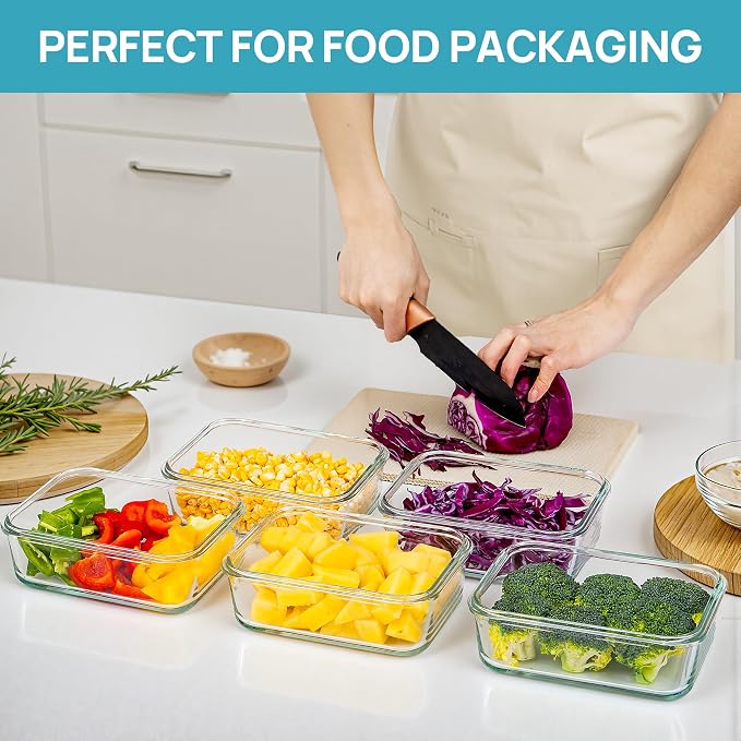 Vtopmart 5Pack 30oz Glass Meal Prep Container Sets with Lids, Grey | Glass Food Storage Containers, Snap Airtight Lid, For Microwave, Oven, Freezer and Dishwasher Safe, BPA Free
