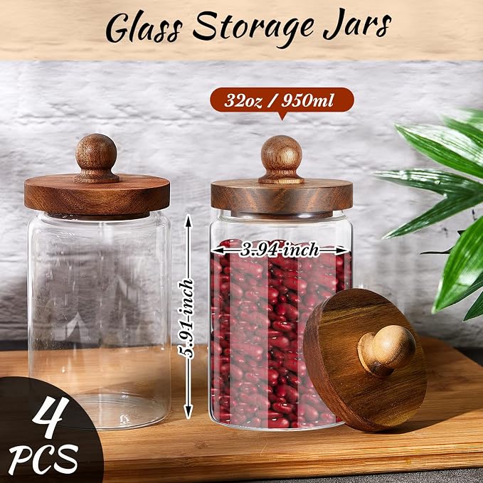 Gerrii 4 Pcs 32 oz Glass Food Storage Jar with Acacia Wood Lids Airtight Sealed Clear Glass Canisters Air Tight Glass Container Jar for Coffee Beans Nuts Loose Leaf Tea Sugar Spice Candy Rice Pasta