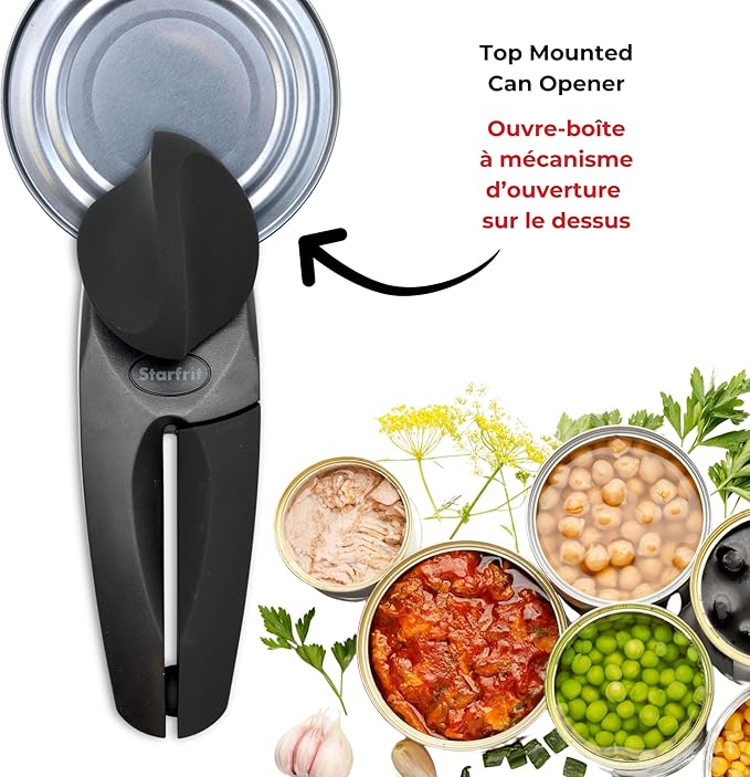 Starfrit MightiCan Can Opener, Safe Smooth-Cut Design, Holds Lid and Leaves No Sharp Edges, Comfort Grip Handle, Heavy-Duty Non-Slip Knob, 3-Year Warranty, Black
