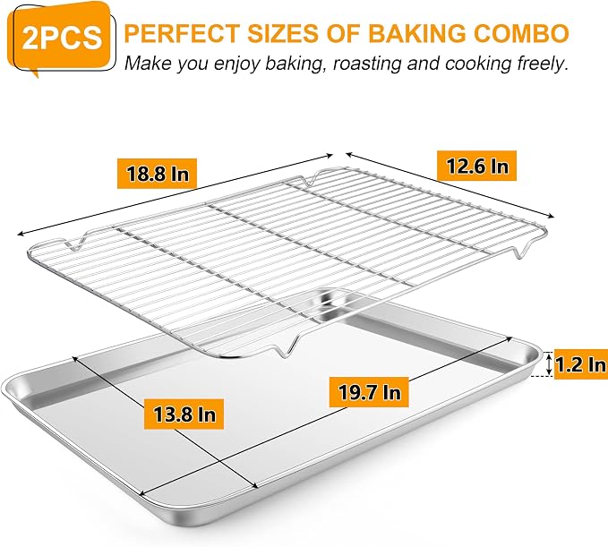 Homikit Large Baking Sheet with Wire Cooling Rack (1 Pan+1 Rack), Nonstick | 20x14 Inch XL Stainless Steel Cookie Sheets for Baking, Big Baking Pans with Racks Set, Metal Bacon Tray, Dishwasher Safe