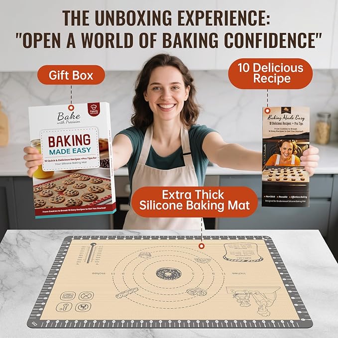 Silicone Baking Mat with 10 Easy Recipes, 0.7MM Extra Thick Silicone Mats for Baking, Kneading, Pastry Dough Rolling, Baking Essential for Cookie, Macaron, Bread, Pizza, Sourdough