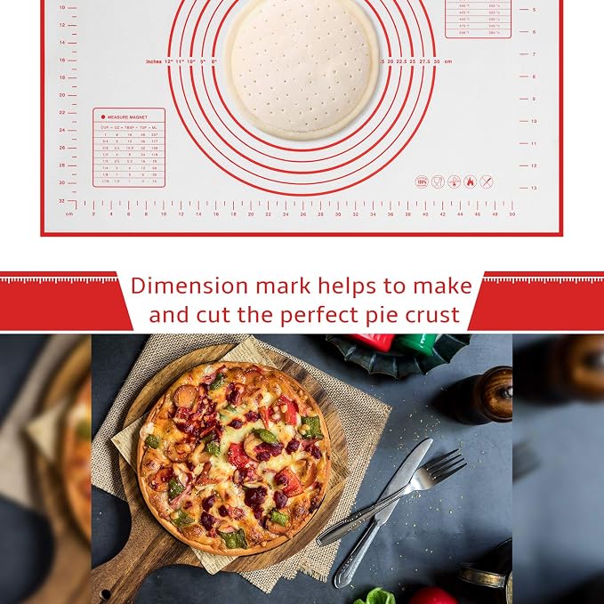Silicone Baking Mat Non Slip Pastry Mat with Measurement Non Stick BPA Free Baking Mat Sheet for Rolling Dough Counter Cookies Pie, 24 x 16 Inches Red (with 1 Dough Scraper)
