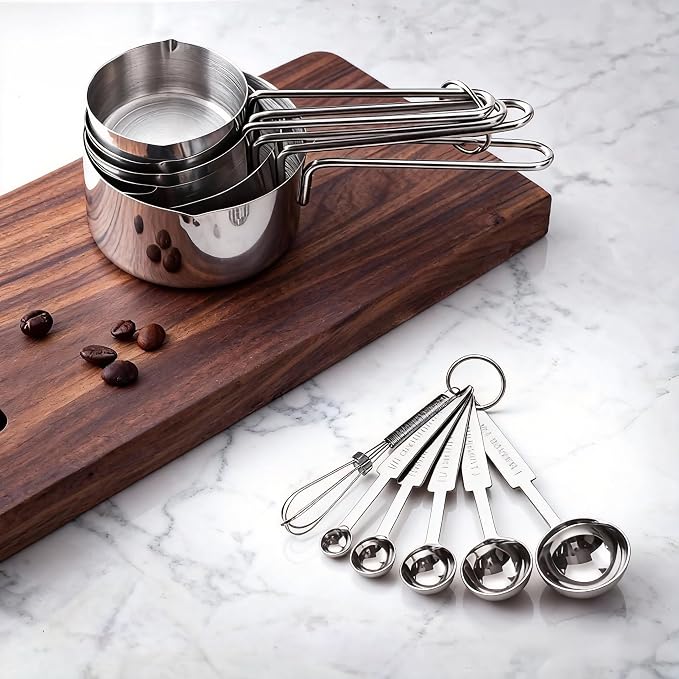 10 Pieces Measuring Cups and Spoons Set, Measuring Cups for Cooking | Stainless Steel,Gifts for Women Mom Cooking Lovers-4 Cups 5 Spoons 1 whisk with Strengthened Weld Joints